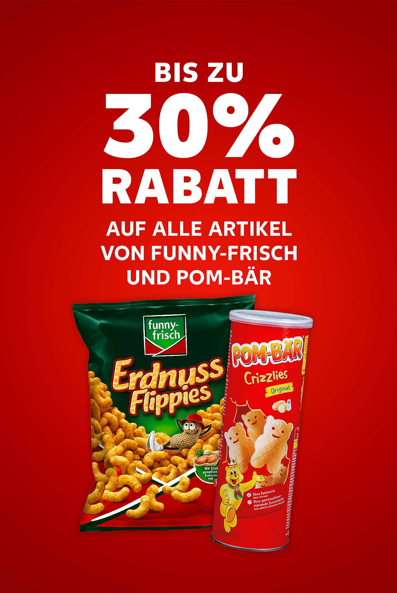 Schriftzug: Bis zu 30 % Rabatt auf alle Artikel von FUNNY-FRISCH und POM-BÄR