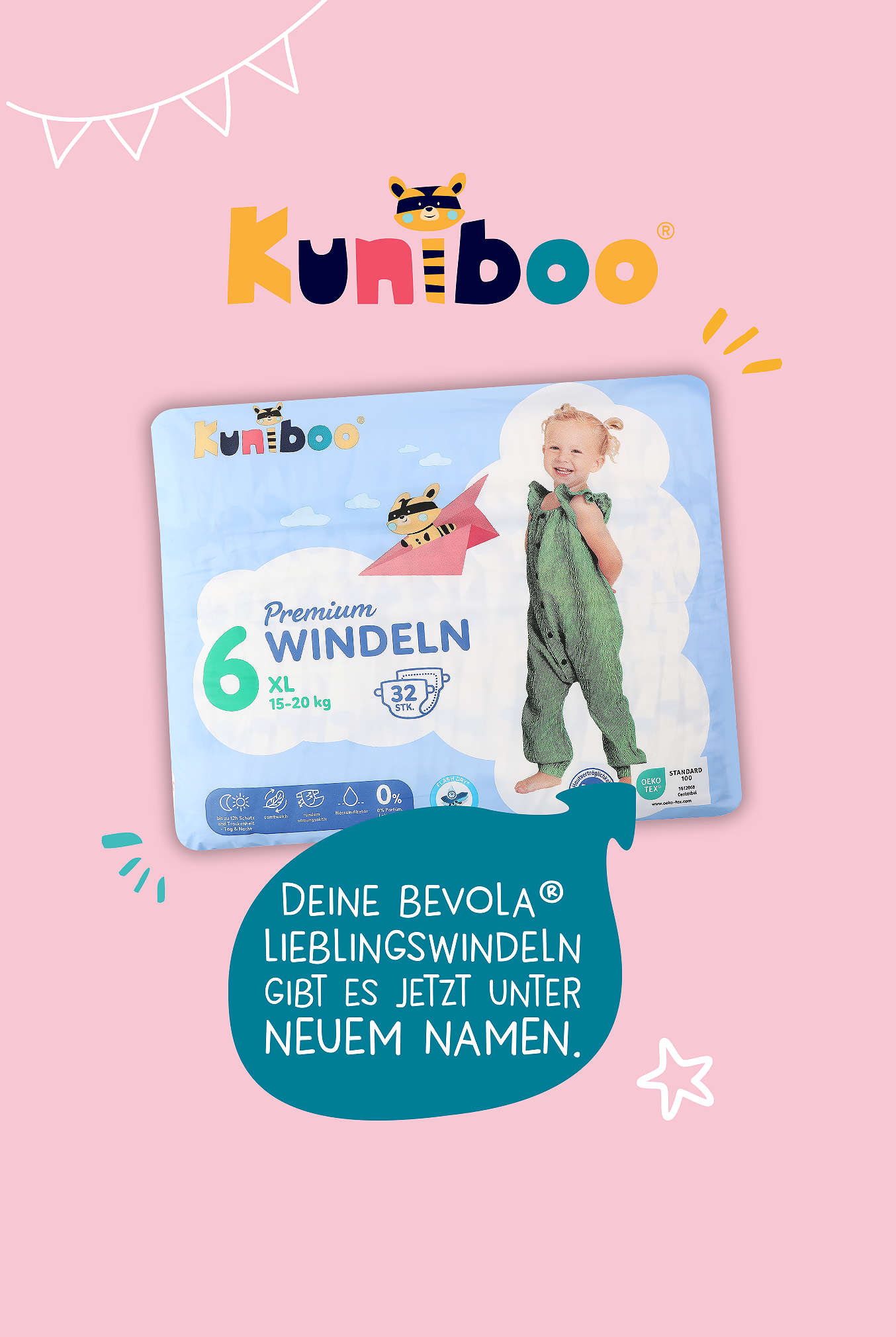 Schriftzug: Kuniboo Windeln "Deine bevola Liebingswindeln gibt es jetzt unter neuem Namen"