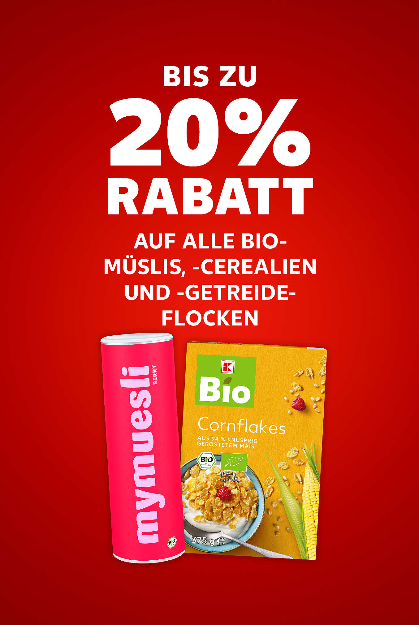 Schriftzug: Bis zu 20 % Rabatt auf alle BIO-Müslis, -Cerealien und -Getreideflocken