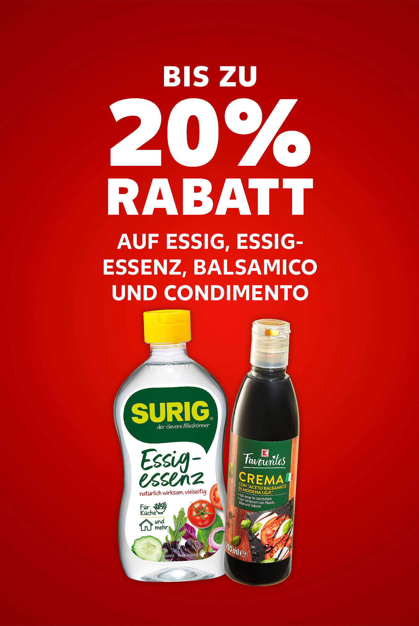 Schriftzug: Bis zu 20 % auf Essig, Essigessenz, Balsamico und Condimento