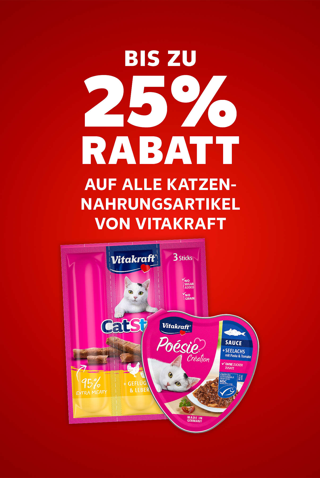 Schriftzug: Bis zu 25 % auf alle Katzen-Nahrungsartikel von VITAKRAFT
