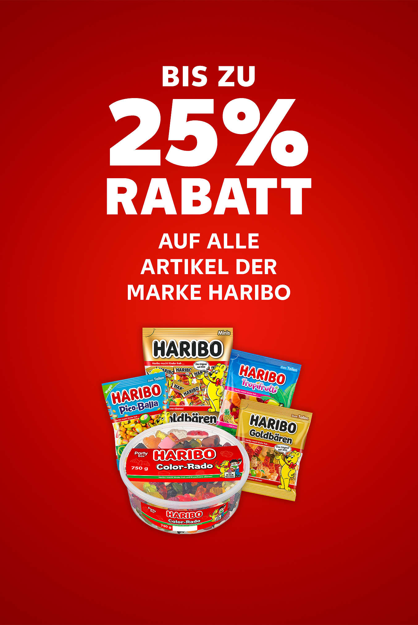 Schriftzug: Bis zu 20 % Rabatt auf alle Artikel von HARIBO
