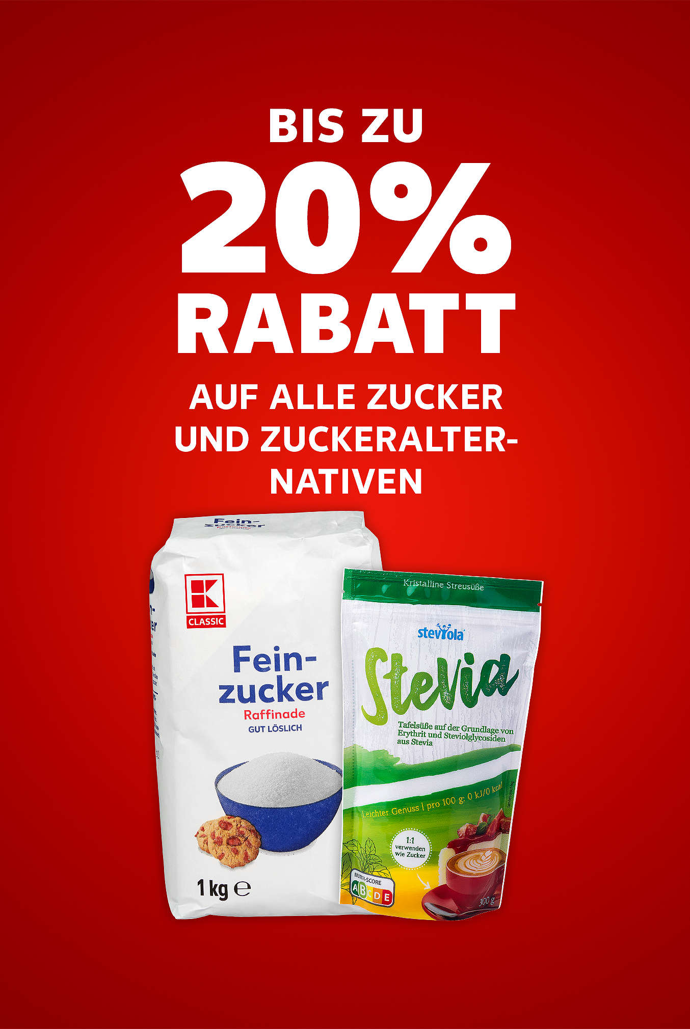 Schriftzug: Bis zu 20 % Rabatt auf alle Zucker und Zuckeralternativen