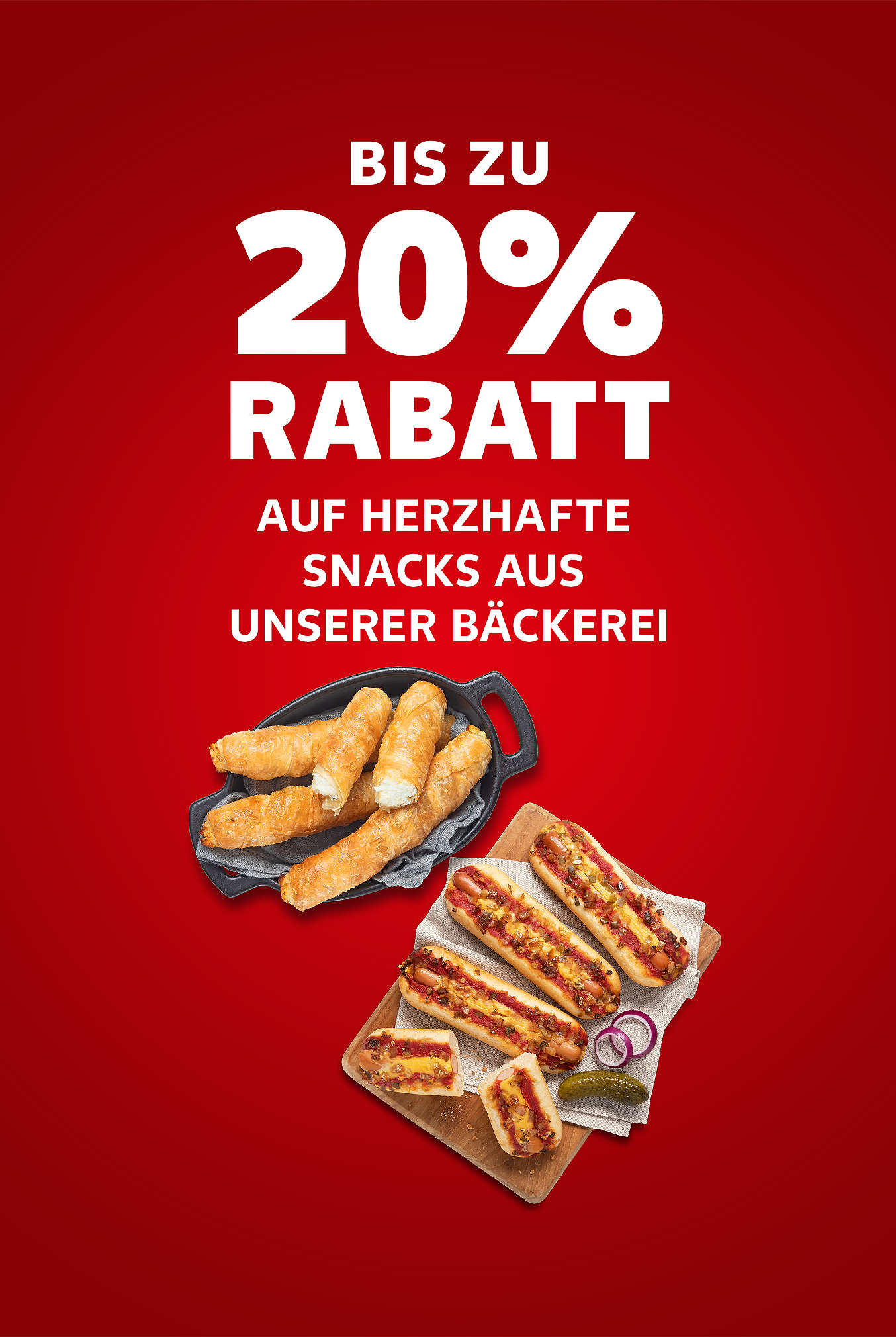 Schríftzug: Bis zu 20 % Rabatt auf herzhafte Snacks aus unserer Bäckerei