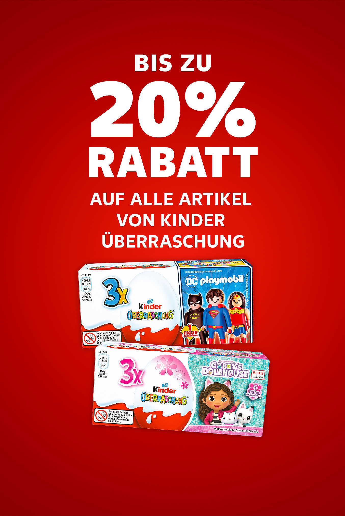 Schriftzug: Bis zu 20 % Rabatt auf alle Artikel von KINDER Überraschung