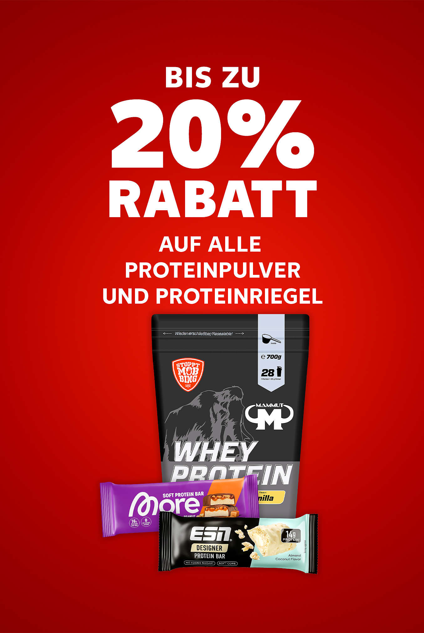Schriftzug:Bis zu 20 % Rabatt auf alle Proteinpulver und Proteinriegel