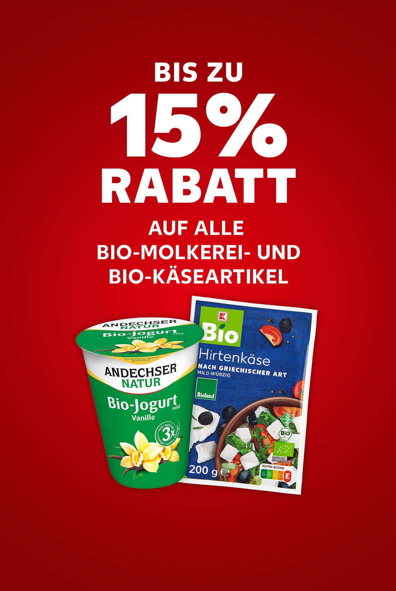 Schriftzug: Bis zu 15 % Rabatt auf alle Bio-Molkerei- und Bio-Käseartikel