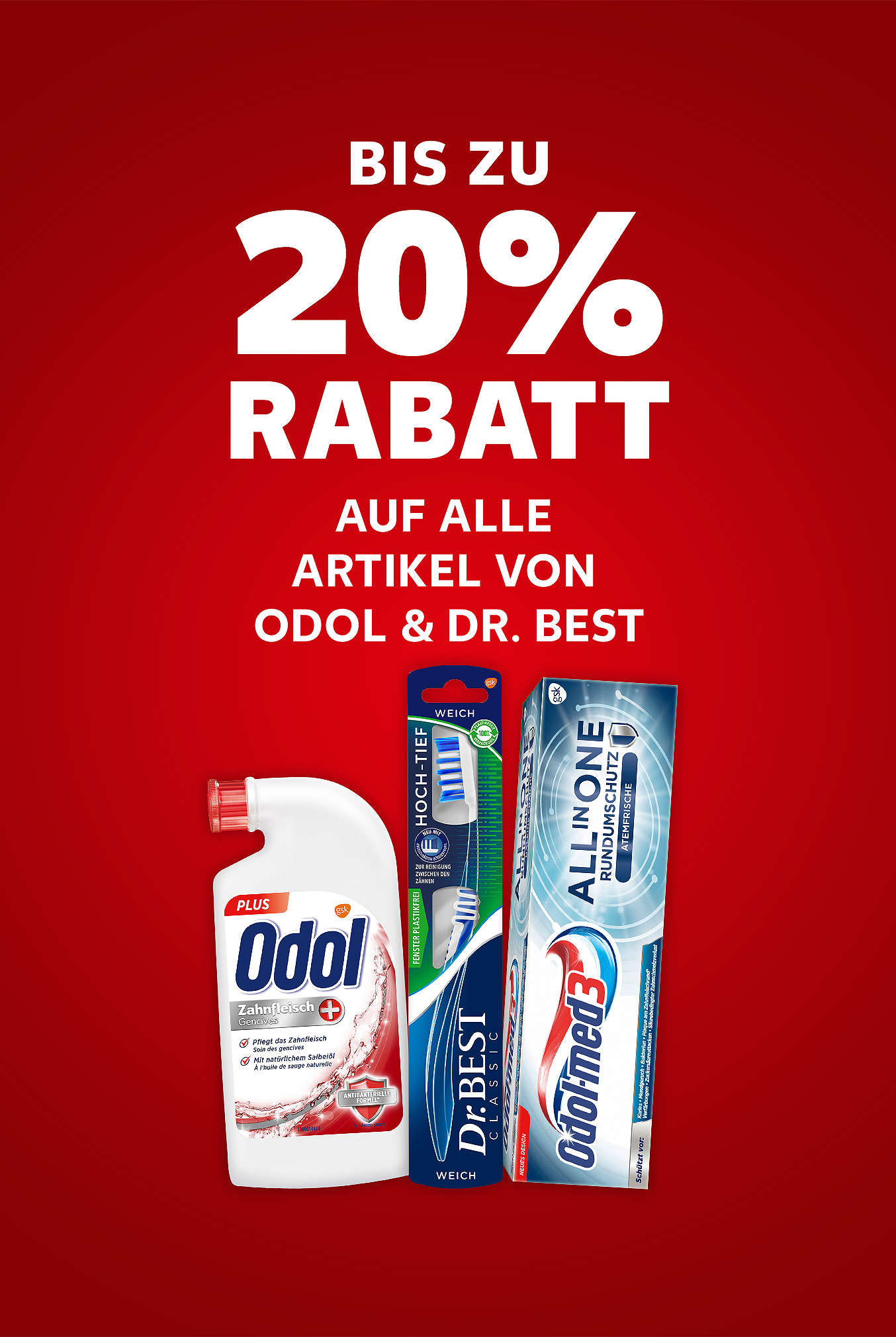 Schriftzug: Bis zu 20 % Rabatt auf alle Artikel von ODOL und DR.BEST