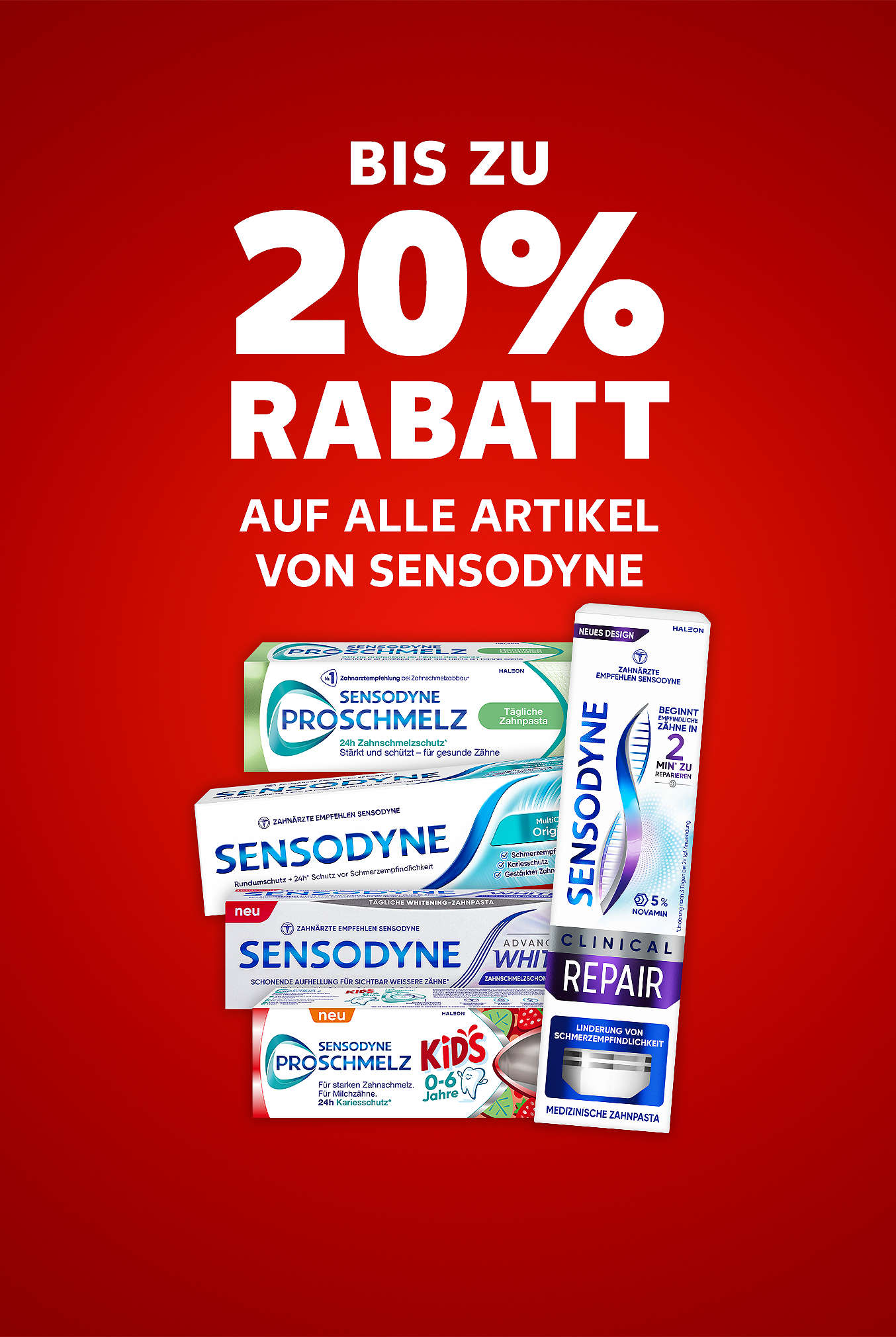 Schriftzug: Bis zu 20 % Rabatt auf alle Artikel von Sensodyne