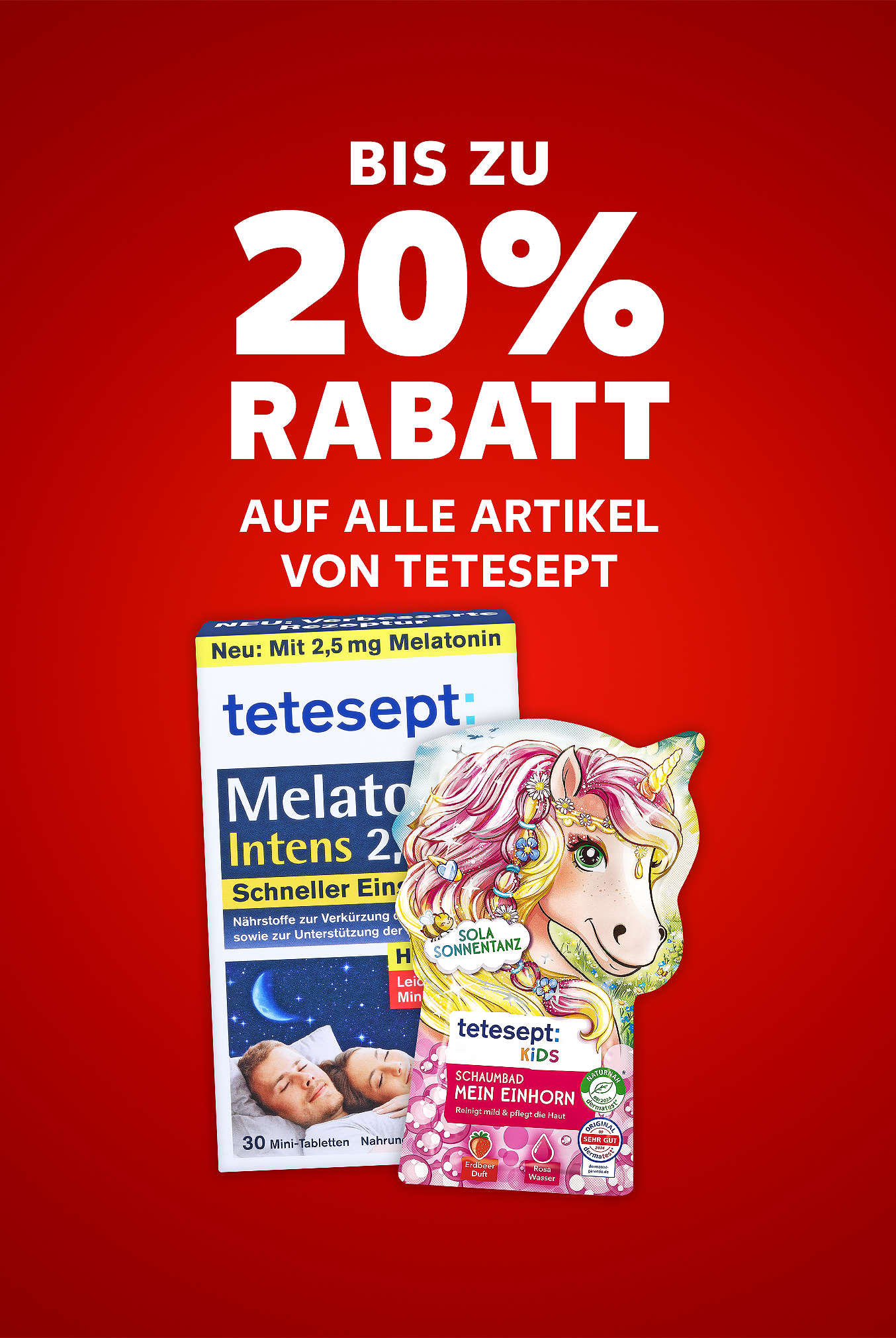 Schriftzug: 20 % Rabatt auf alle Artikel von Tetesept