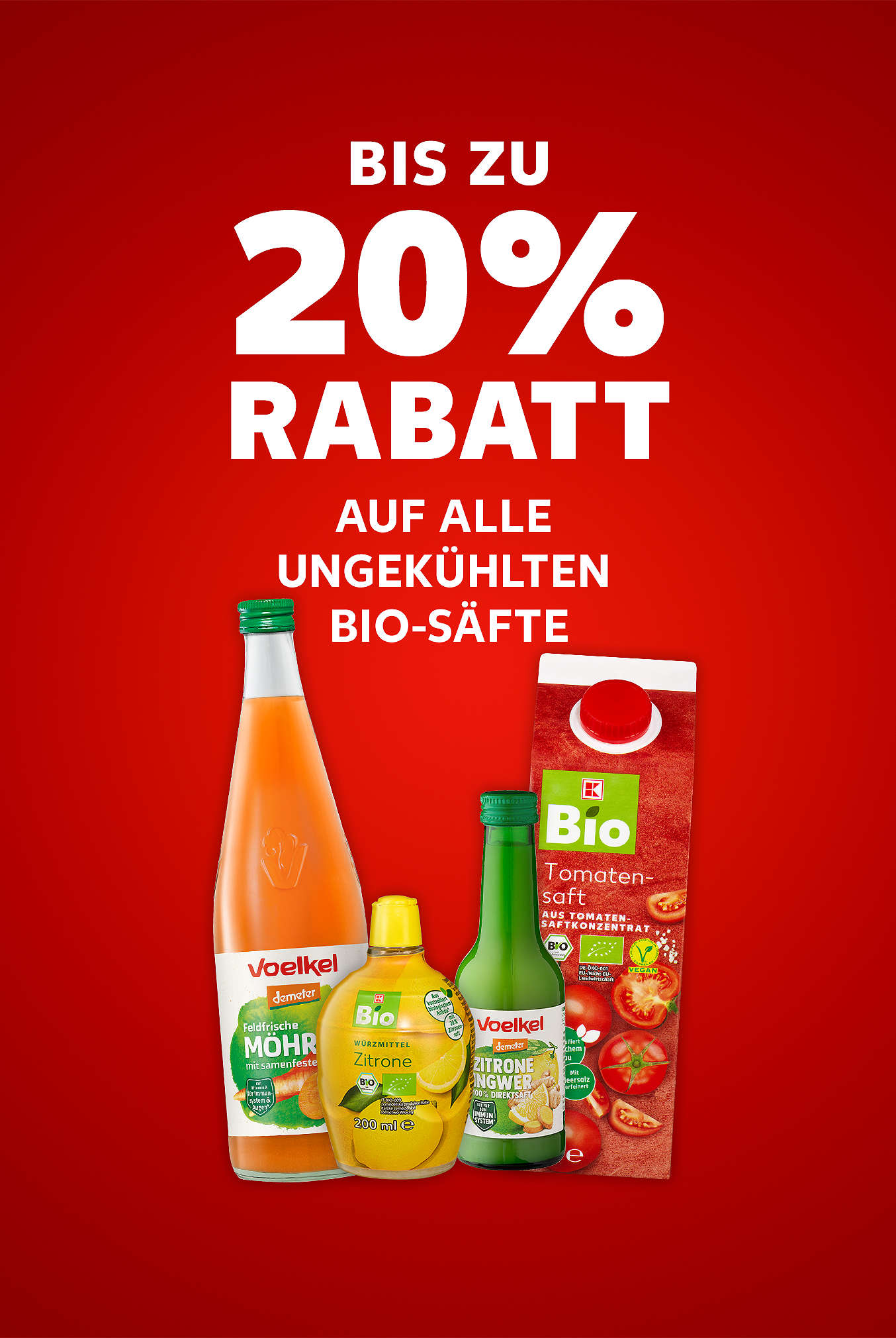 Schriftzug: 20 % Rabatt auf alle ungekühlten Bio-Säfte
