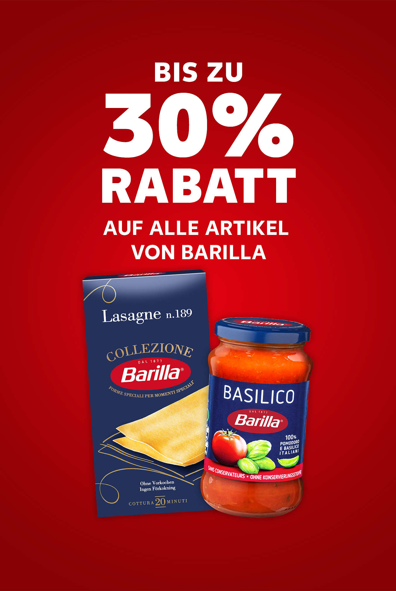 Schriftzug: Bis zu 30 % Rabatt auf alle Artikel von BARILLA