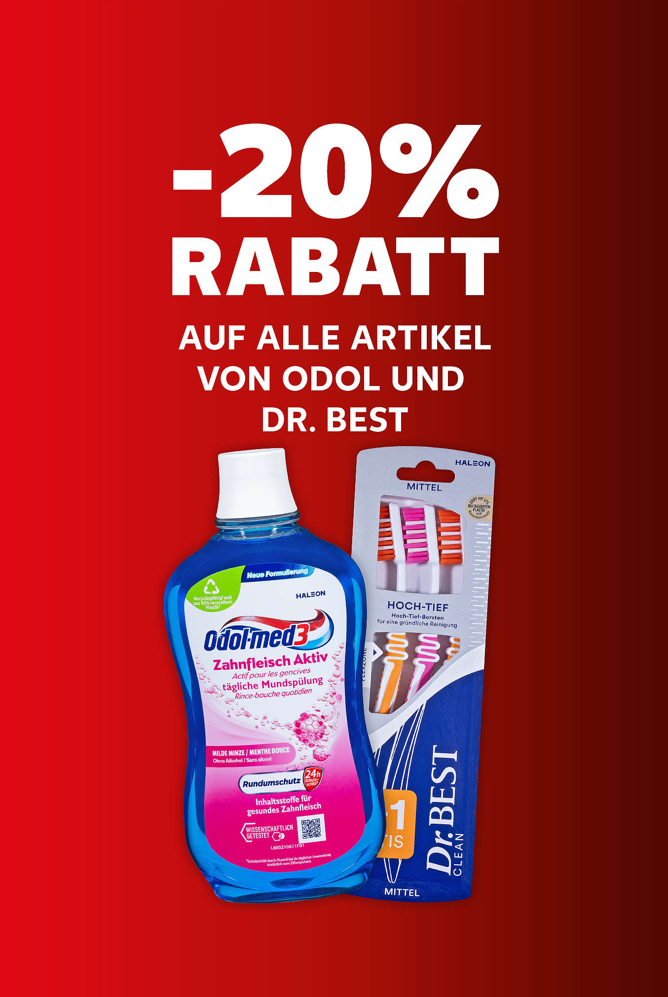 Schriftzug: 20 % Rabatt auf alle Artikel von Odol und Dr. Best