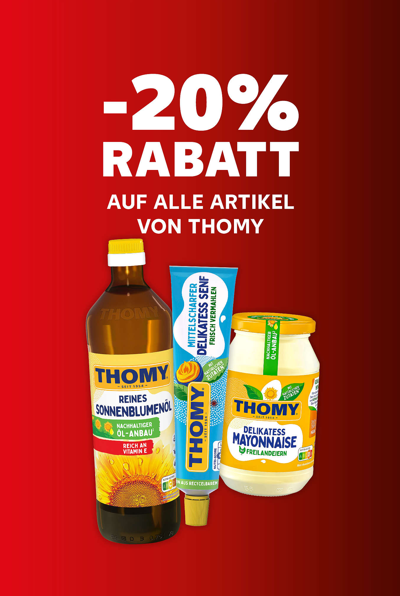 Schriftzug: 20 % Rabatt auf alle Artikel von Thomy