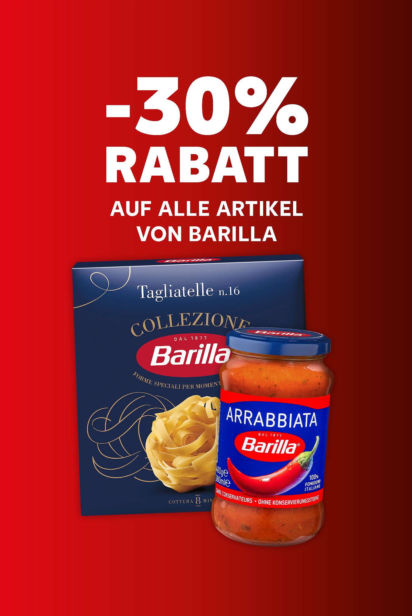 Schriftzug: 30 % auf alle Artikel von Barilla