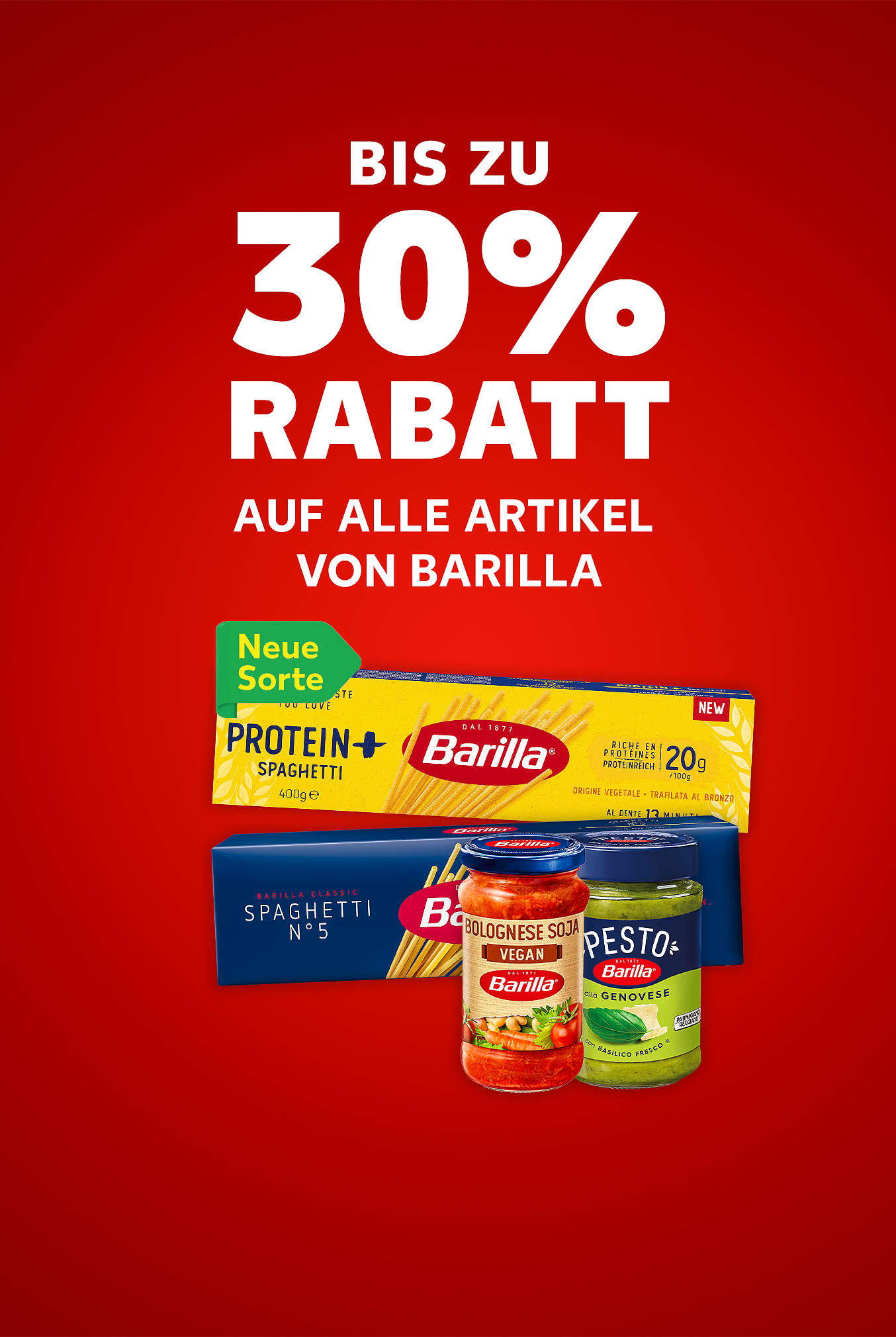 Schriftzug: Bis zu 30 % Rabatt auf alle Artikel von BARILLA