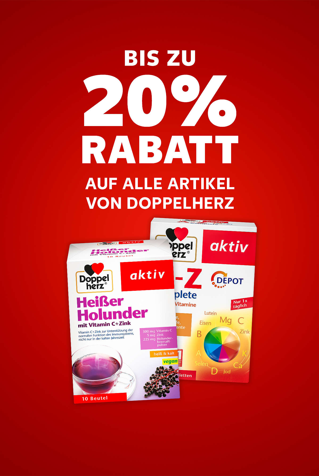 Schriftzug: Bis zu 20 % Rabatt auf alle Artikel von DOPPELHERZ
