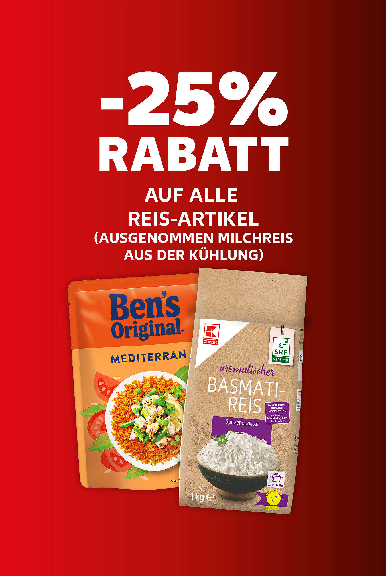 Schriftzug: 25 % auf alle Reis-Artikel (ausgenommen Milchreis aus der Kühlung)
