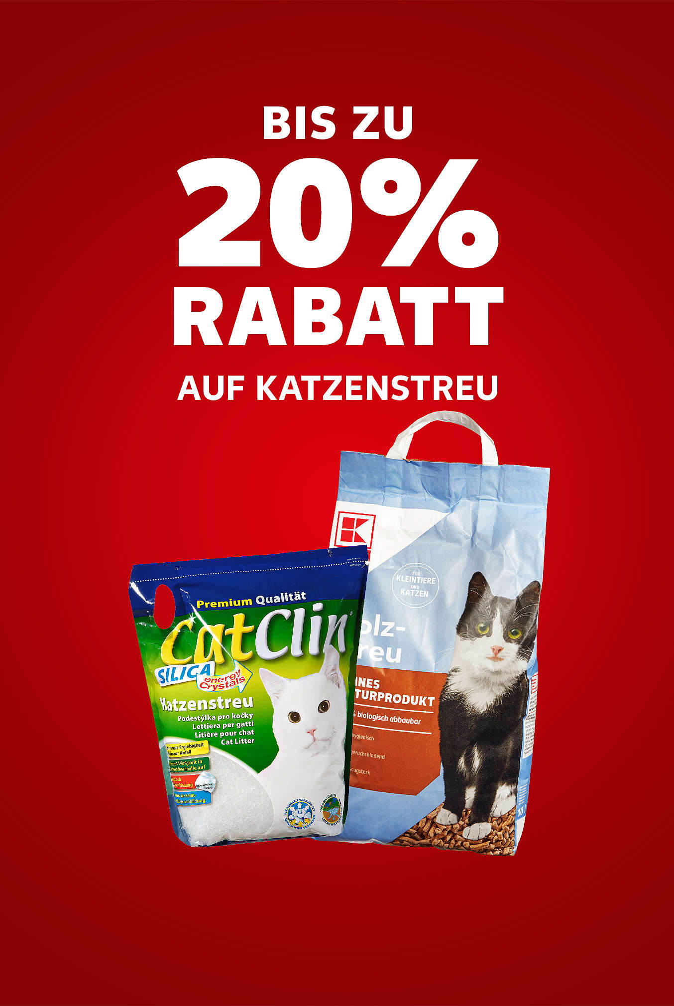 Schriftzug: Bis zu 20 % Rabatt auf Katzenstreu