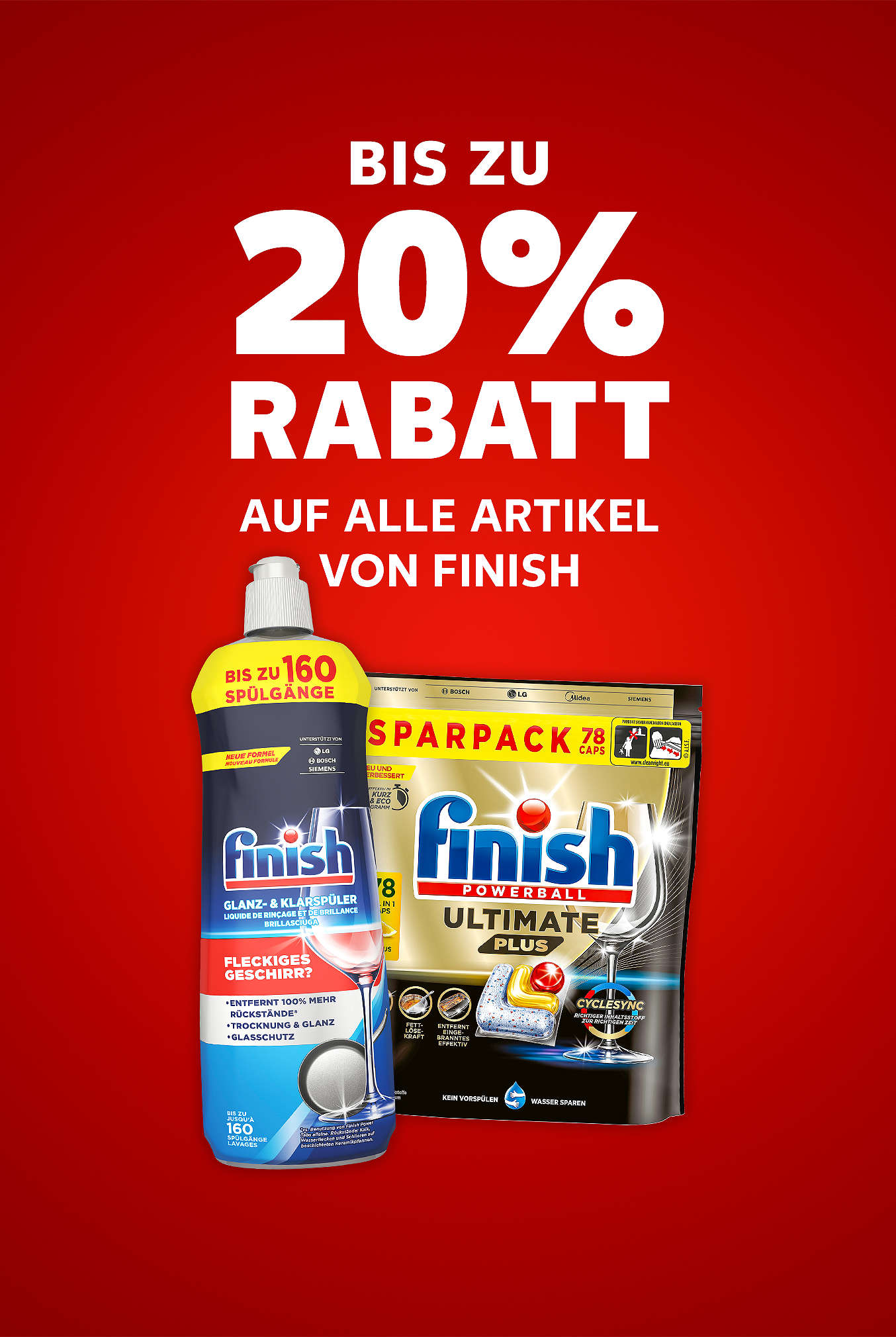 Schriftzug: Bis zu 20 % Rabatt auf alle Artikel von FINISH