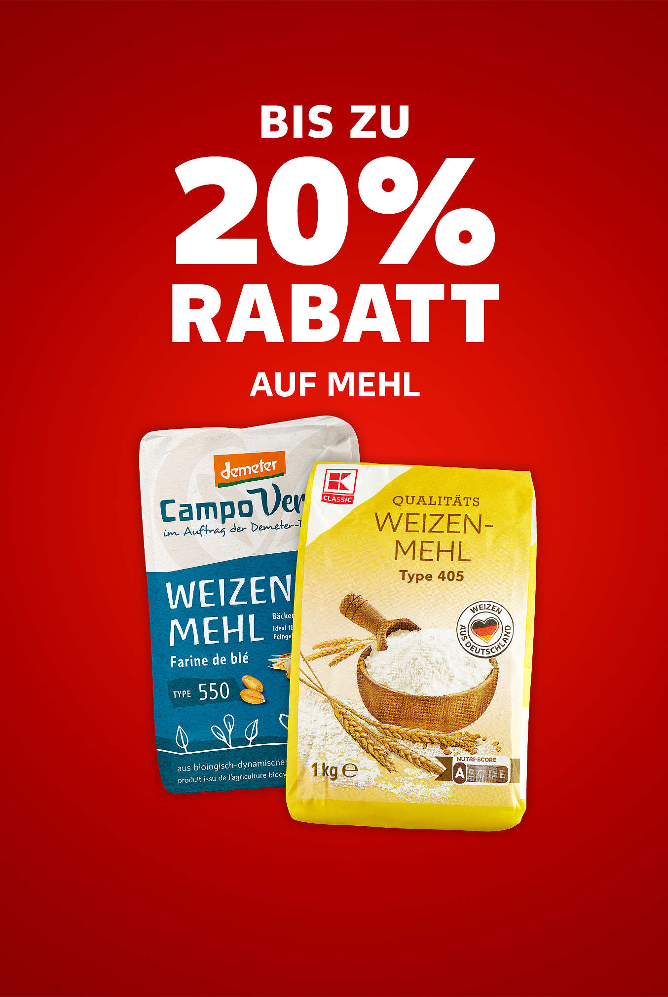 Schriftzug: Bis zu 20 % Rabatt auf Mehl