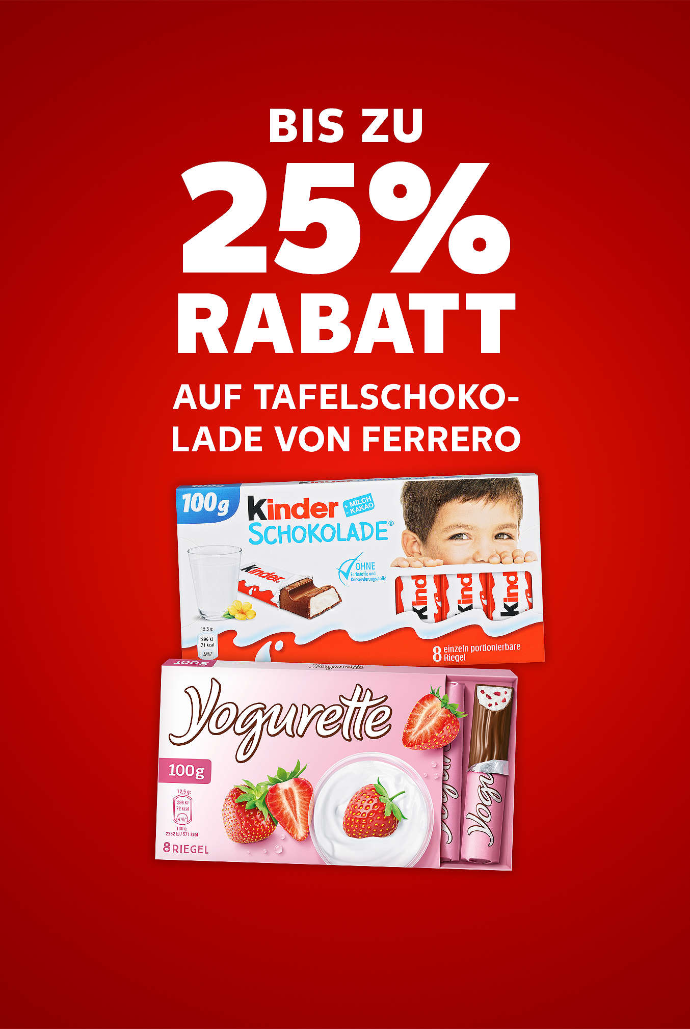Schriftzug: Bis zu 25 % Rabatt auf Tafelschokolade von FERRERO
