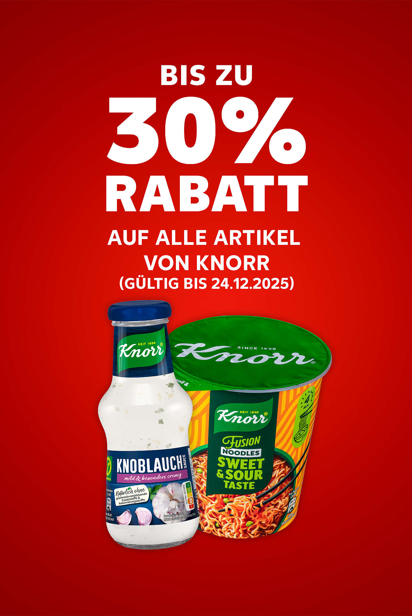 Schriftzug: Bis zu 30 % Rabatt auf alle Artikel von KNORR (Gültig bis 24.12.2025)