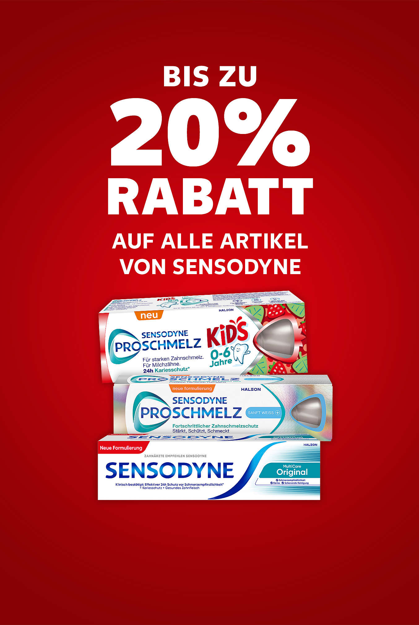 Schriftzug: Bis zu 20 % Rabatt auf alle Artikel von SENSODYNE