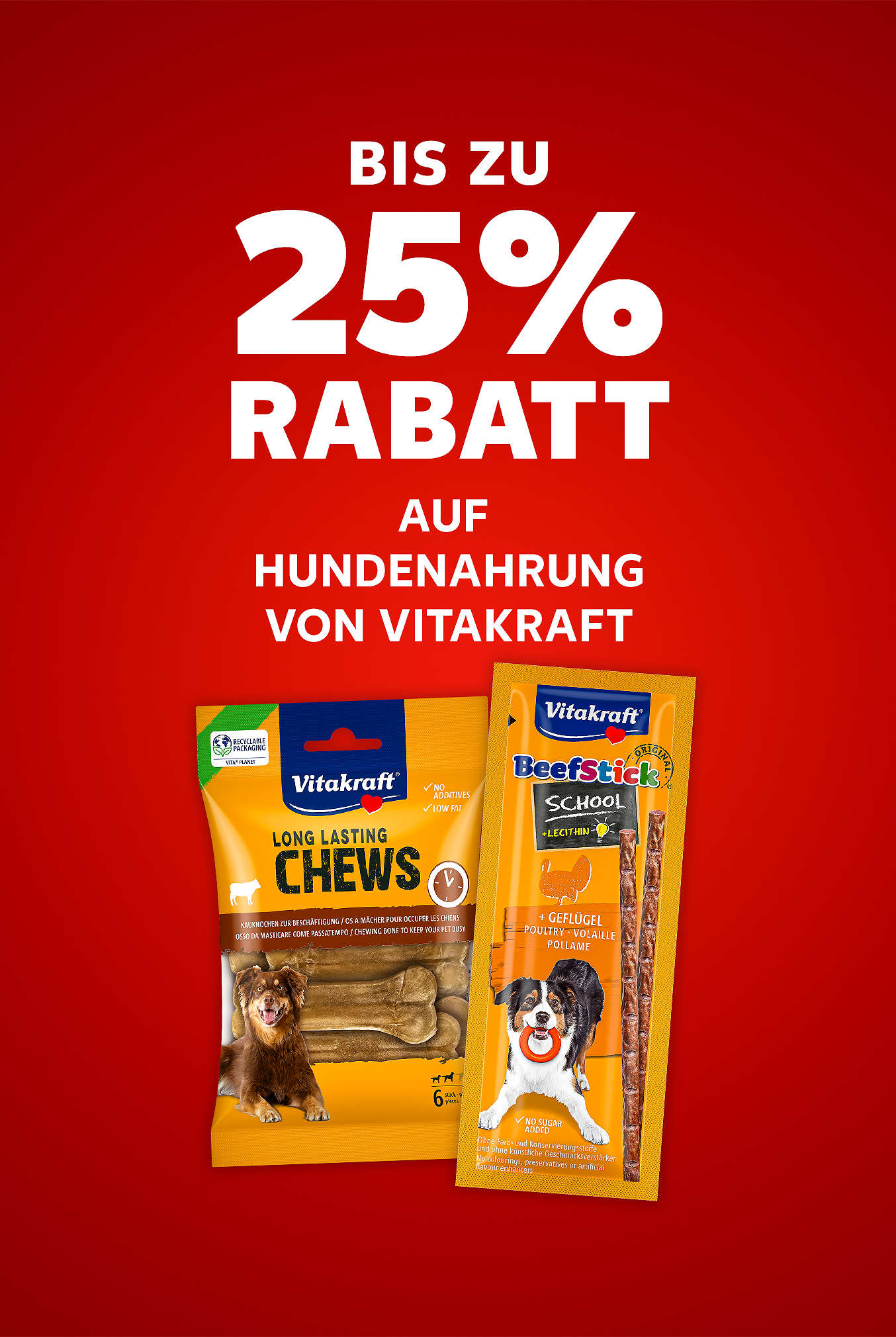 Schriftzug: Bis zu 25 % Rabatt auf Hundenahrung von VITAKRAFT