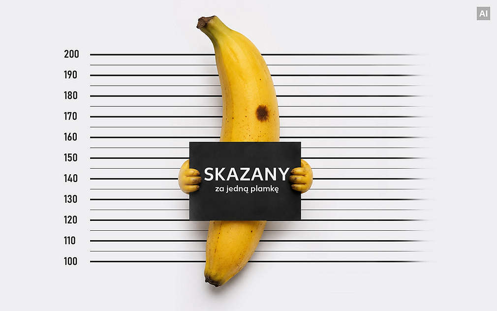 Banan z tabliczką jak w więzieniu: Napis na tabliczce: SKAZANY za jedną plamkę