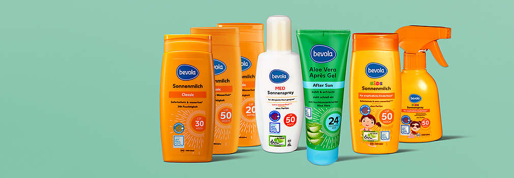Rôzne produkty bevola® Sun určené na opaľovanie a ošetrenie pokožky