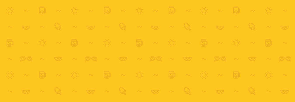 Gelber Hintergrund mit Symbolen wie Eis, Melone, Sonne, Sonnenbrille und Welle