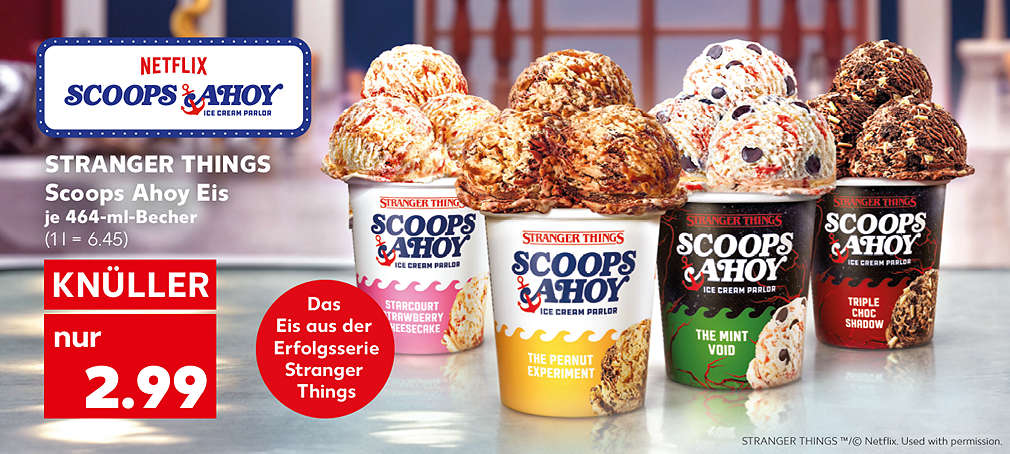 Produktabbildung: STRANGER THINGS Scoops Ahoy Eis, versch. Sorten, je 464-ml-Becher, - 40 %, 2.99 Euro (1 l = 6.45)