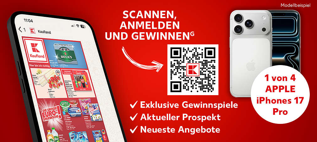 Schriftzug: Scannen, anmelden und gewinnenᴳ; QR-Code zum Scannen; Störer: 1 von 4 Apple iPhones 17 Pro; Schriftzug: Exklusive Gewinnspiele, aktueller Prospekt, neueste Angebote; Abbildung: Apple iPhone 17 Pro, Modellbeispiel