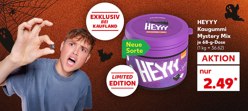 Produktabbildung: HEYYY Kaugummi Mystery Mix, je 68-g-Dose, Aktion, 2.49 Euro* (1 kg = 36.62); Störer: Exklusiv bei Kaufland: Der limitierte Mystery Mix von HeyMoritz; Störer: Neu; Abbildung: HeyMoritz