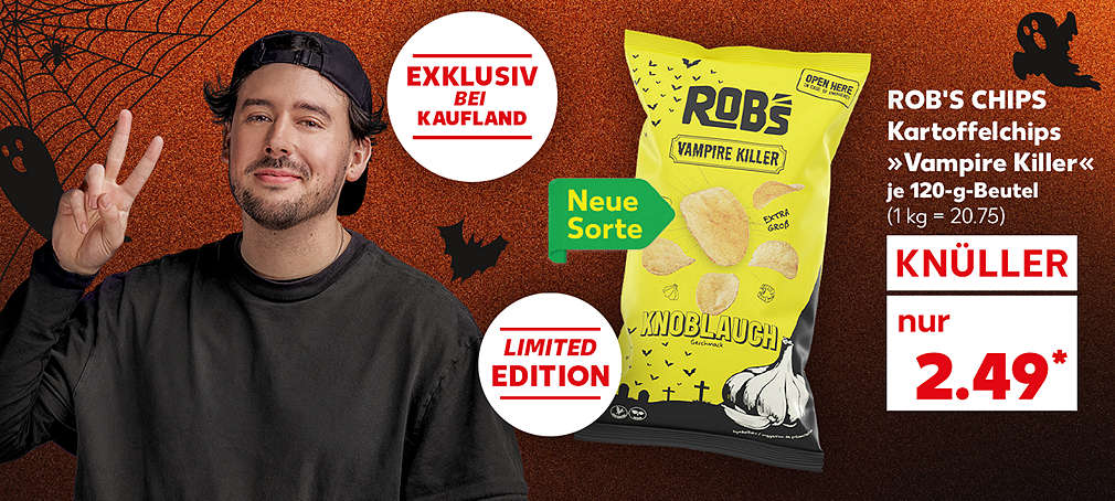 Produktabbildung: ROB'S CHIPS Kartoffelchips »Vampire Killer«, je 120-g-Beutel, Knüller, 2.49 Euro (1 kg = 20.75); Störer: Neu; Störer: Exklusiv bei Kaufland: Die limitierte Sorte »Vampire Killer« von ROB'S; Abbildung: CrispyRob