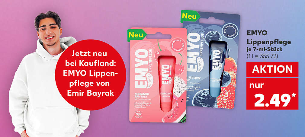 Produktabbildung: Emyo Lippenpflege, verschiedene Sorten, je 7-ml-Stück für 2.49 Euro* (1l = 355.72); Störer: Jetzt neu bei Kaufland: Emyo Lippenpflege von Emir Bayrak