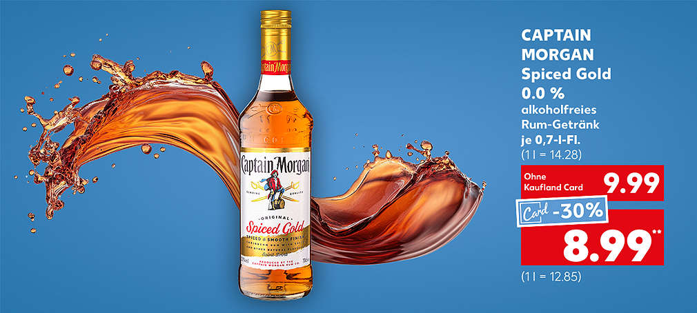 Produktabbildung: CAPTAIN MORGAN Spiced Gold 0.0 %, je 0,7-l-Fl., -23 %, 9.99 Euro (1 l = 14.28), Kaufland Card Preis -30 % , 8.99 Euro** (1 l = 12.85)