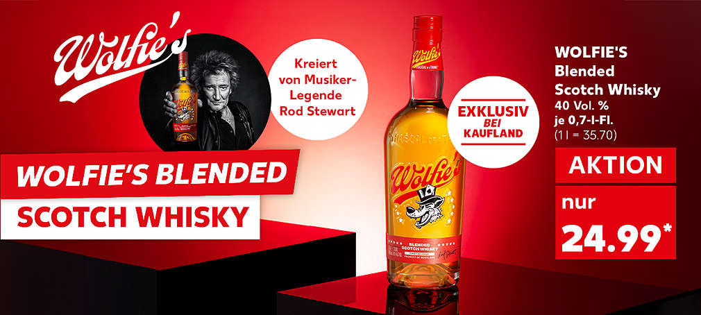 Schriftzug: Wolfie's Blended Scotch Whisky; Wolfie's Blended Scotch Whisky, 40 Vol. %, je 0,7-l-Fl. für 24.99* Euro (1 l = 35.70); Störer: Kreiert von Musiker-Legende Rod Stewart; Störer: Exklusiv bei Kaufland