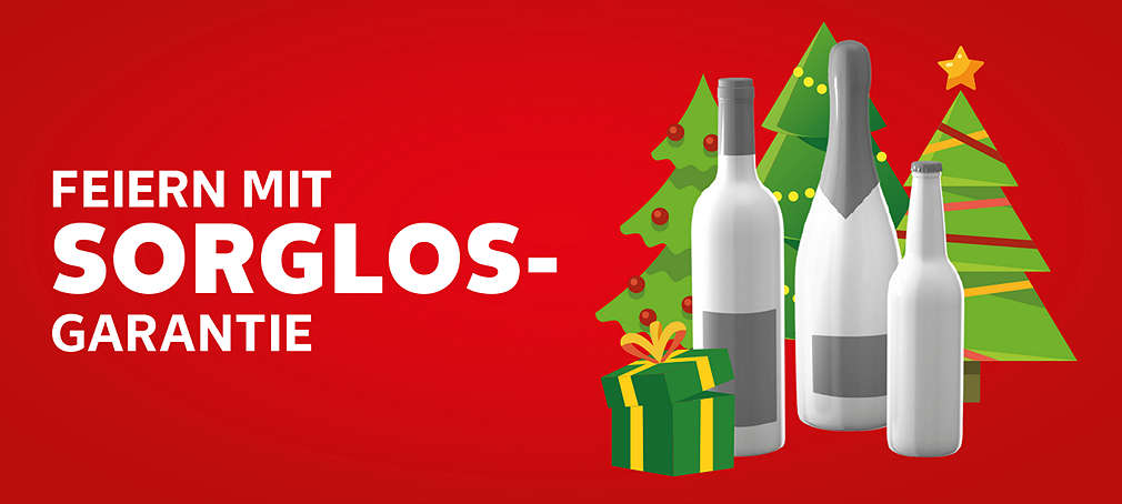 Schriftzug: Feiern mit Sorglosgarantie; Illustration von Getränken und Tannenbäumen