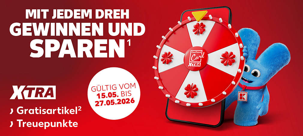 Schriftzug: Mit jedem Dreh gewinnen und sparen¹; Störer: Gültig vom 15.05. bis 27.05.2026; Logo: XTRA; Schriftzug: Gratisartikel² Treuepunkte
