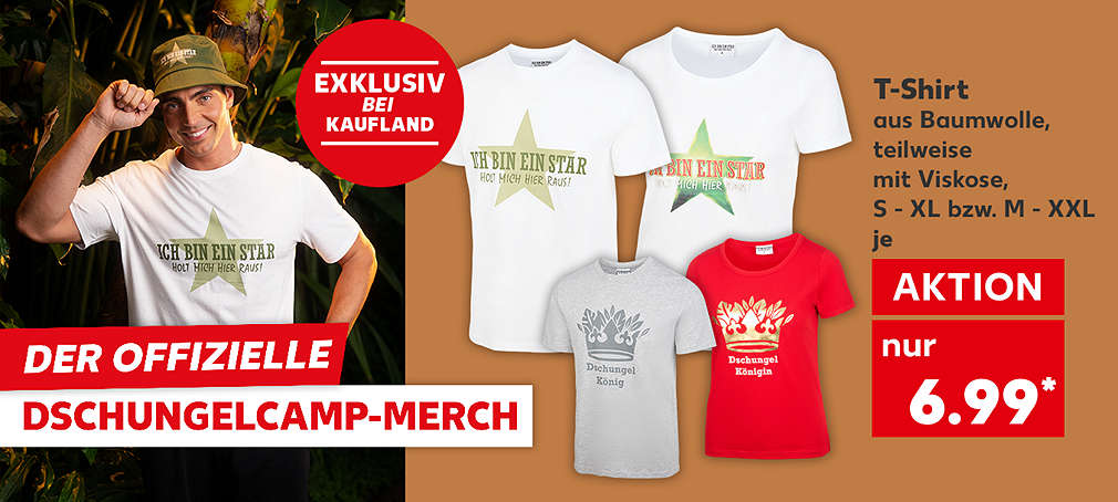 Logo: Ich bin ein Star, holt mich hier raus!; T-Shirt, aus Baumwolle, teilweise mit Viskose, S - XL beziehungsweise M - XXL, je für 6.99 Euro