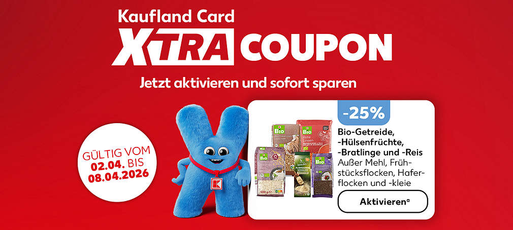 Schriftzug: Kaufland Card XTRA Coupon; Bio-Getreide, -Hülsenfrüchte, -Bratlinge und -Reis, außer Mehl, Frühstücksflocken, Haferflocken und -kleie; Störer: Gültig vom 02.04. bis 08.04.2026; Störer: Jetzt aktivieren und sofort sparen; Button: Aktivierenᵃ