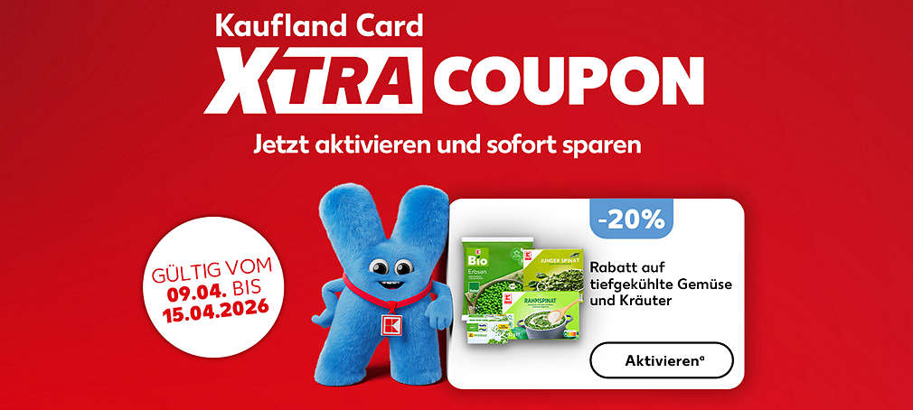 Schriftzug: Kaufland Card XTRA Coupon: Jetzt aktivieren und sofort sparen; Gültig vom 09.04. bis 15.04.2026, -X20% Rabatt auf tiefgekühltes Gemüse und Kräuterᵃ, Verschiedene Produktabbildungen