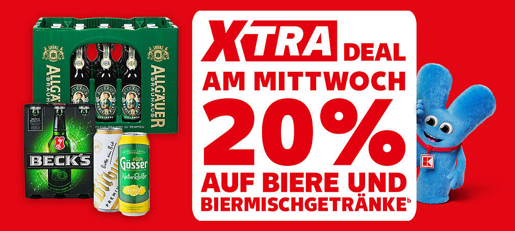 Schriftzug: XTRA Deal am Mittwoch; Coupon: 20 Prozent auf Biere und Biermischgetränkeᵇ; Beispielhafte Abbildung von Bieren