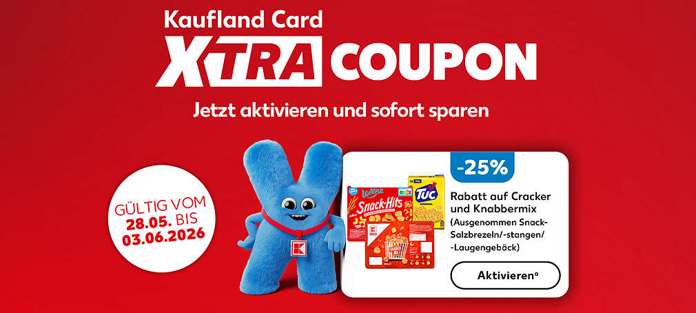 Schriftzug: Kaufland Card XTRA Coupon: Jetzt aktivieren und sofort sparen; Gültig vom 28.05. bis 03.06.2026, -25 % Rabatt auf Cracker und Knabbermix, Verschiedene Produktabbildungen