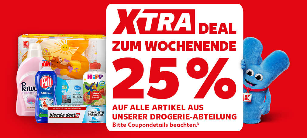 XTRA Deal am Donnerstag: 25 % auf alle Artikel aus unserer Drogerie-Abteilun.  Bitte Coupondetails beachtenᵇ