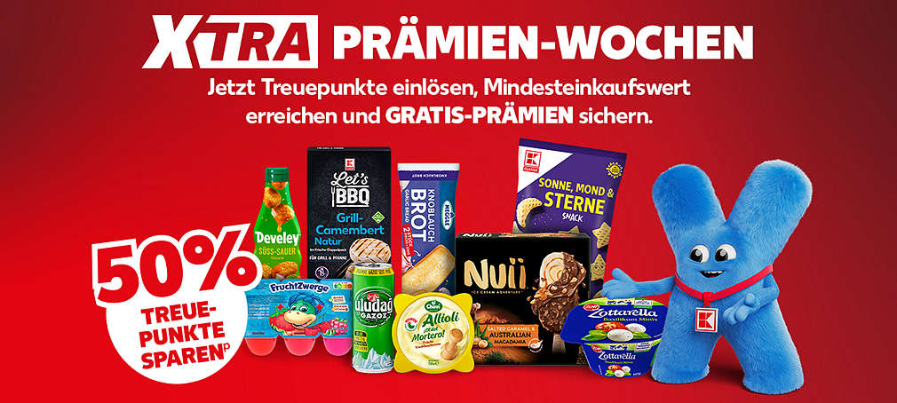 Schriftzug: XTRA Prämien-Wochen; Jetzt Treuepunkte einlösen, Mindesteinkaufswert erreichen und GRATIS-PRÄMIEN sichern; Abbildung: beispielhafte XTRA Prämien und Maskottchen; Störer: 50 Prozent Treuepunkte sparenᵖ