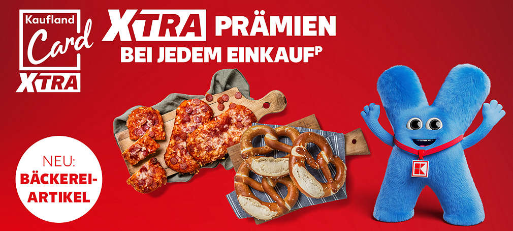 Schriftzug: XTRA Prämien bei jedem Einkaufᵖ, Neu: Bäckerei-Artikel; Verschiedene Bäckerei-Artikel