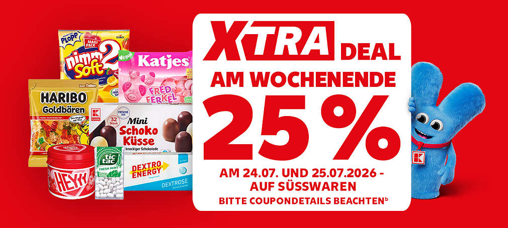 XTRA Deal zum Wochenende: 25 % Rabatt auf Süßwaren; Nur bis 25.07.; Bitte Coupondetails beachtenᵇ